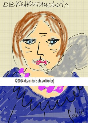 die kettenraucherin, zeichnung von doris ch. zollikofer (dozo)
